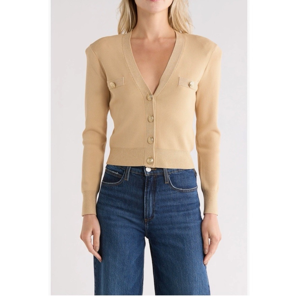L'Agence Women Size Large Taya Metallic Trim V-Neck Knit Cardigan Sweater Tan